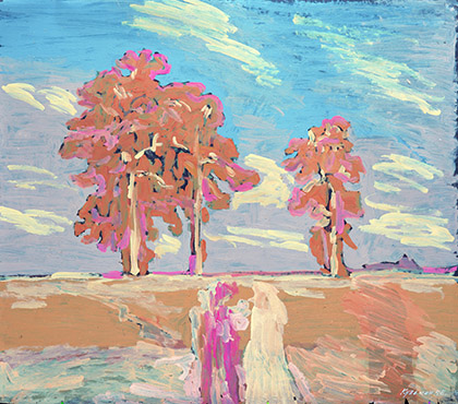 « Sur le chemin de Mourom se dressaient trois pins... ». Les champs clairs et les pins. Acrylique et huile sur papier, 103 x 120 cm. 2002