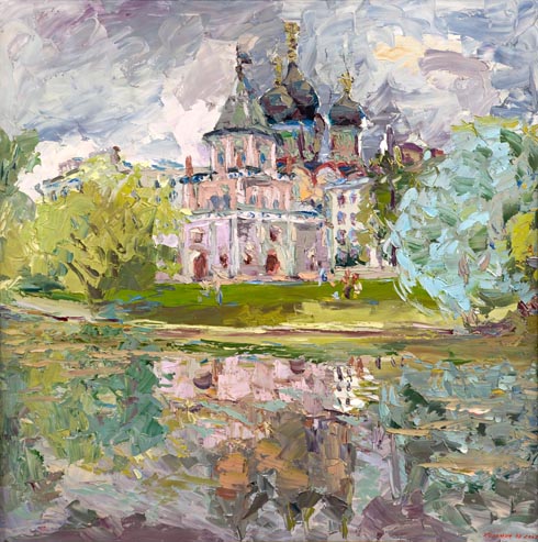 Harmonie lila. La tour du pont et l’église de Pokrova à Izmaïlovo. Huile sur toile, 100 х 100 cm. 2007.