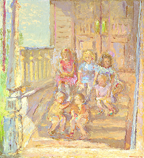 Il était une fois, sur le perron doré, des enfants assis... Huile sur toile, 110 x 100 cm. 1991. Collection privée