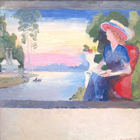 Tableau populaire. La dame sur un fauteuil rouge (triptyque). Huile sur toile, 72 x 72 cm. 1992.