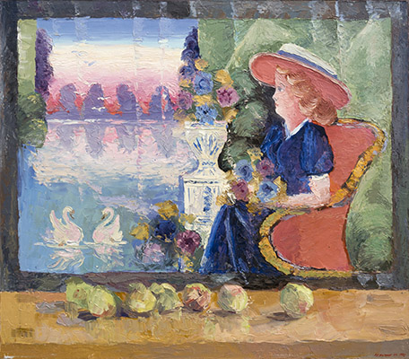 Pommes sous le tableau populaire à la belle dame au chapeau rouge. Huile sur toile, 100 х 88 cm. 1992.