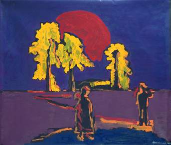 « Sur le chemin de Mourom se dressaient trois pins… ». Le soleil rouge au-dessus des pins jaunes. 105 x 120 cm. 2002