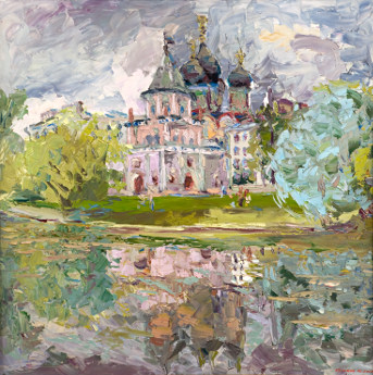 Harmonie lila. La tour du pont et l’église de Pokrova à Izmaïlovo. Huile sur toile, 100 x 100 cm. 2007